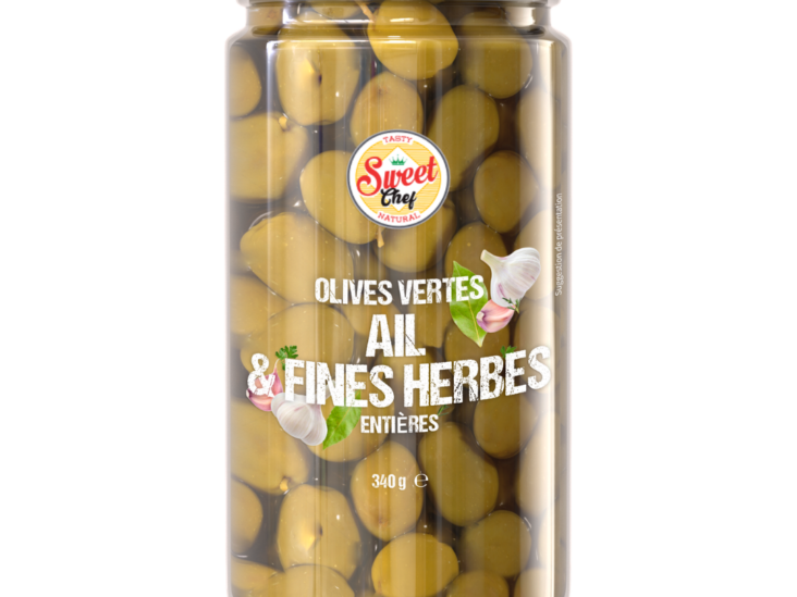 OLIVES VERTES AIL & FINES HERBES – ENTIERES (190g)